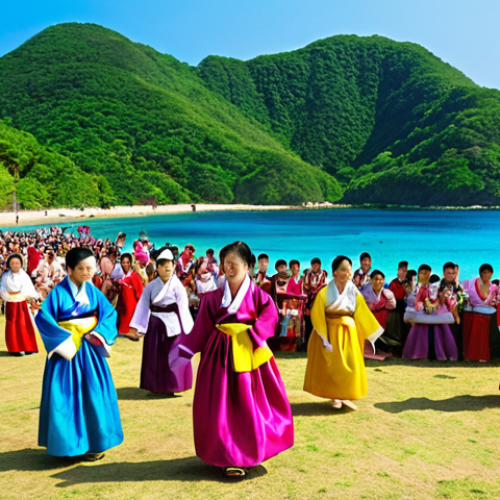 Home 11 **Image Prompt:** A vibrant scene at a Korean festival in Palau. Focus on the colorful traditional Korean clothing (Hanbok), people playing traditional games, and enjoying Korean food. The backdrop should include elements of Palauan scenery, like tropical plants or ocean views, to showcase the blend of cultures.