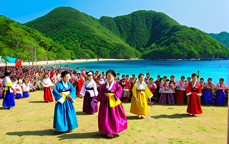 **Image Prompt:** A vibrant scene at a Korean festival in Palau. Focus on the colorful traditional Korean clothing (Hanbok), people playing traditional games, and enjoying Korean food. The backdrop should include elements of Palauan scenery, like tropical plants or ocean views, to showcase the blend of cultures.