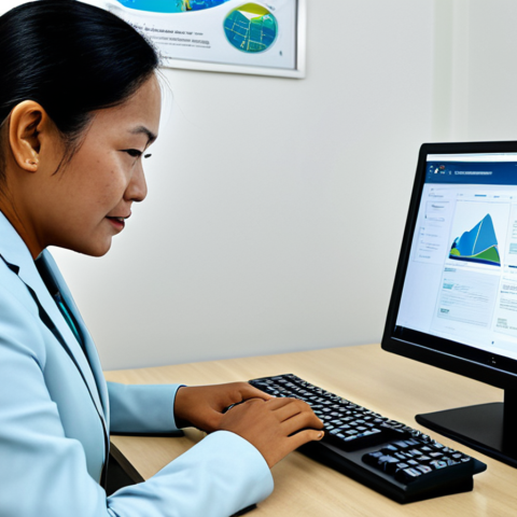 A professional Palauan government official, dressed in a modest business suit, is sitting at a desk in a modern, well-lit office. The official is focused on a computer screen, interacting with an online government portal, showcasing digital services. The background features subtle, clean architectural lines with a hint of Palauan cultural motifs. The scene emphasizes efficiency and technological integration. safe for work, appropriate content, fully clothed, professional, perfect anatomy, correct proportions, natural pose, well-formed hands, proper finger count, natural body proportions, professional photography, high quality.