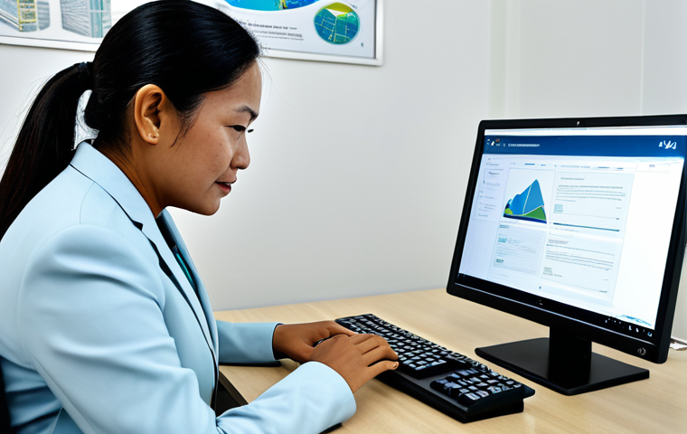 A professional Palauan government official, dressed in a modest business suit, is sitting at a desk in a modern, well-lit office. The official is focused on a computer screen, interacting with an online government portal, showcasing digital services. The background features subtle, clean architectural lines with a hint of Palauan cultural motifs. The scene emphasizes efficiency and technological integration. safe for work, appropriate content, fully clothed, professional, perfect anatomy, correct proportions, natural pose, well-formed hands, proper finger count, natural body proportions, professional photography, high quality.