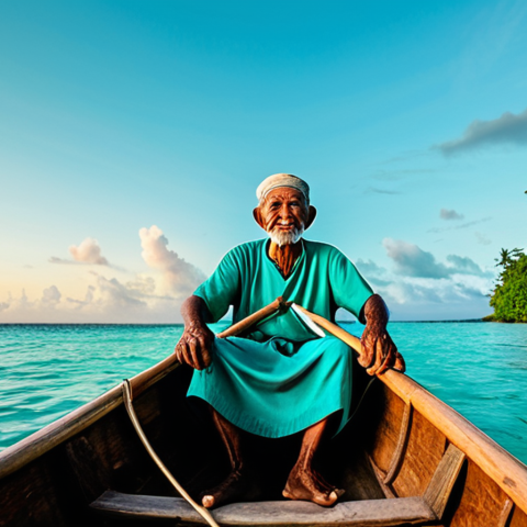 A dignified elderly Palauan fisherman, with a wise expression, dressed in modest, traditional island attire, sits peacefully in a hand-carved wooden outrigger canoe, known as a 'kaeb'. He is gazing out across the calm, pristine turquoise ocean as the first light of dawn gently illuminates the horizon. In the background, lush, emerald green islands rise from the water under a clear, soft pastel sky. The scene emphasizes a deep, harmonious connection to nature and ancestral wisdom. Perfect anatomy, correct proportions, natural pose, well-formed hands, proper finger count, natural body proportions. Professional photography, high detail, fully clothed, appropriate attire, modest clothing, safe for work, appropriate content, family-friendly.
