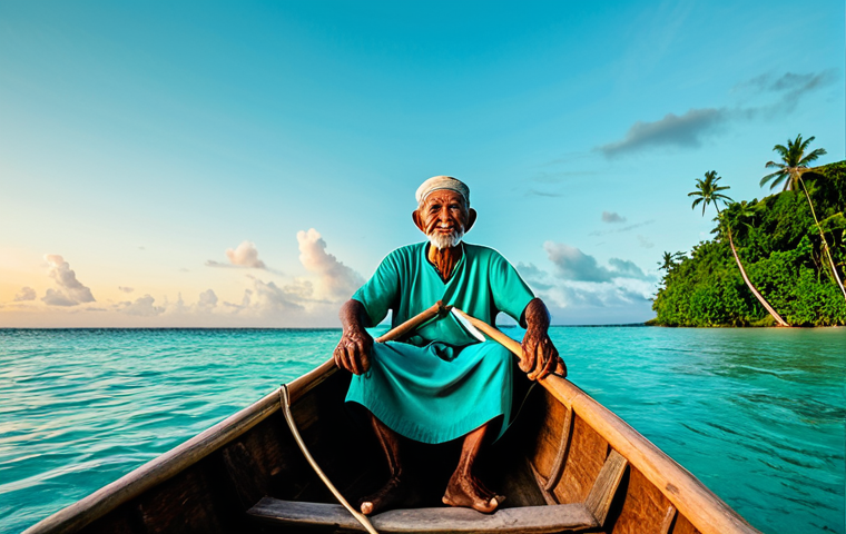 A dignified elderly Palauan fisherman, with a wise expression, dressed in modest, traditional island attire, sits peacefully in a hand-carved wooden outrigger canoe, known as a 'kaeb'. He is gazing out across the calm, pristine turquoise ocean as the first light of dawn gently illuminates the horizon. In the background, lush, emerald green islands rise from the water under a clear, soft pastel sky. The scene emphasizes a deep, harmonious connection to nature and ancestral wisdom. Perfect anatomy, correct proportions, natural pose, well-formed hands, proper finger count, natural body proportions. Professional photography, high detail, fully clothed, appropriate attire, modest clothing, safe for work, appropriate content, family-friendly.
