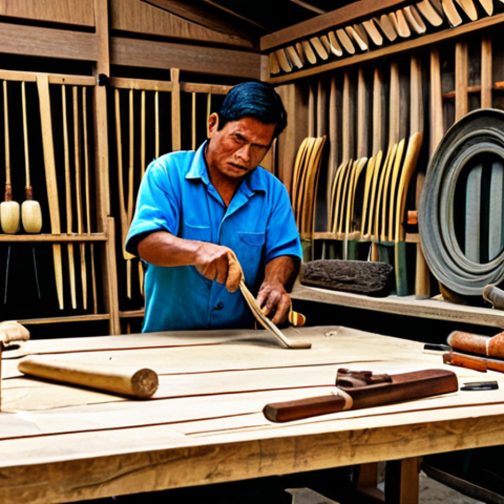 팔라우 로컬 시장 및 전통 공예품 - **
A Palauan craftsman carving a storyboard from wood in his workshop, surrounded by traditional to...