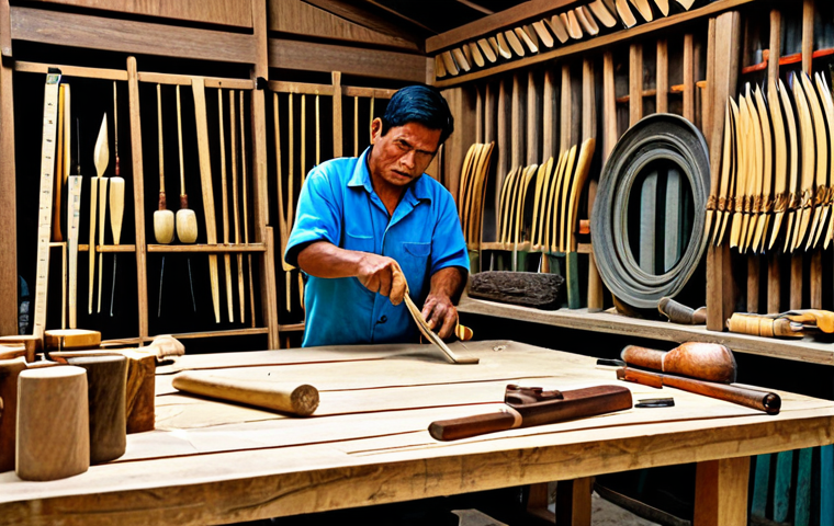 팔라우 로컬 시장 및 전통 공예품 - **
A Palauan craftsman carving a storyboard from wood in his workshop, surrounded by traditional to...