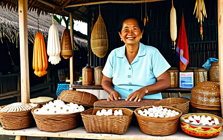 팔라우 로컬 시장 및 전통 공예품 - **

A woman in traditional Palauan clothing weaving a colorful mat from pandanus leaves. She is full...