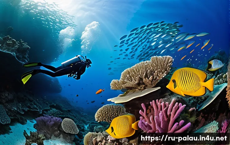 팔라우의 가장 아름다운 산호초 - **Vibrant Coral City with Diver:**
A breathtaking, high-definition underwater scene showcasing t...