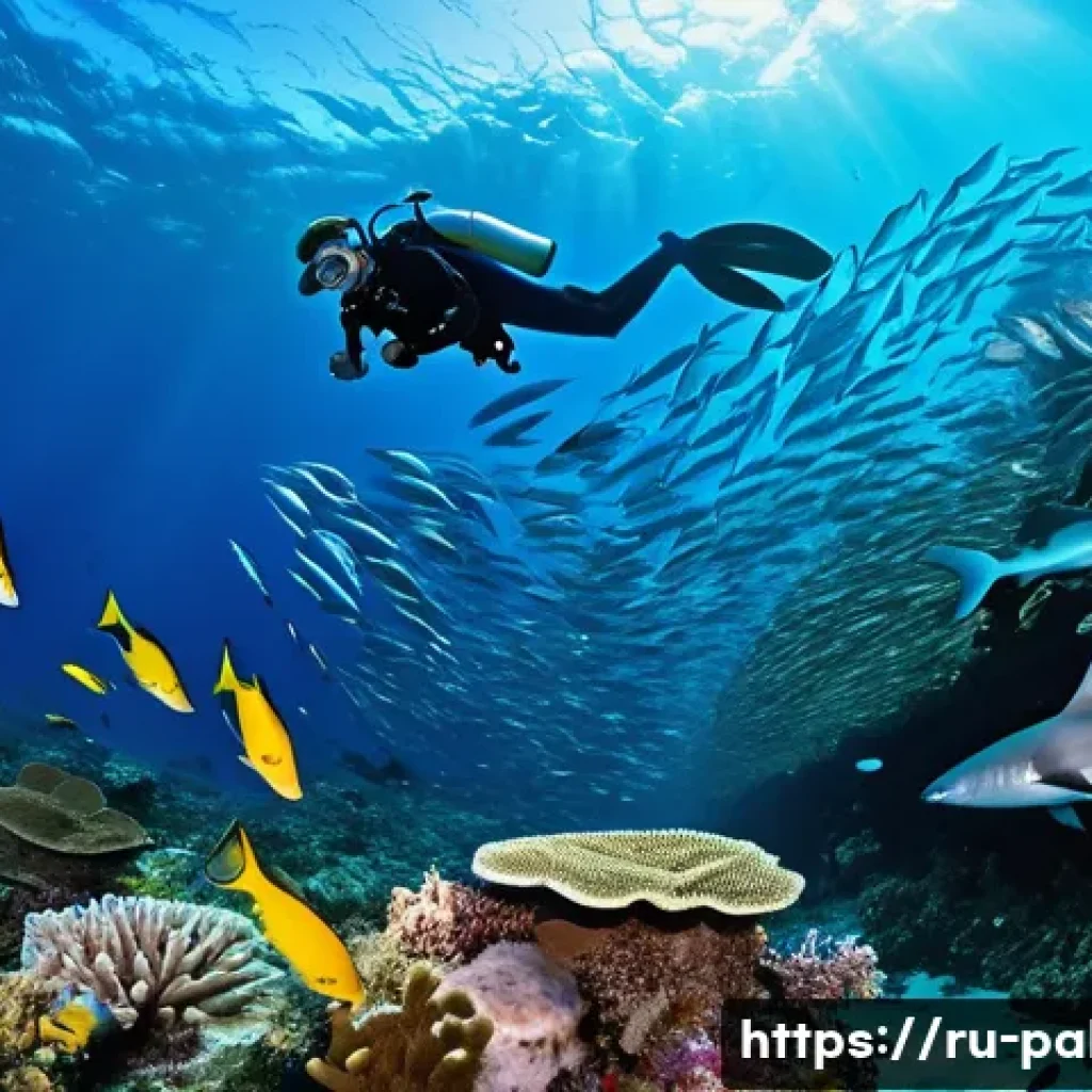 팔라우 여행 블로그 인기 키워드 - A vibrant underwater scene at Palau’s Blue Corner dive site, featuring a swirling school of colorful...