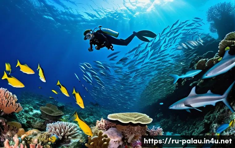 팔라우 여행 블로그 인기 키워드 - A vibrant underwater scene at Palau’s Blue Corner dive site, featuring a swirling school of colorful...