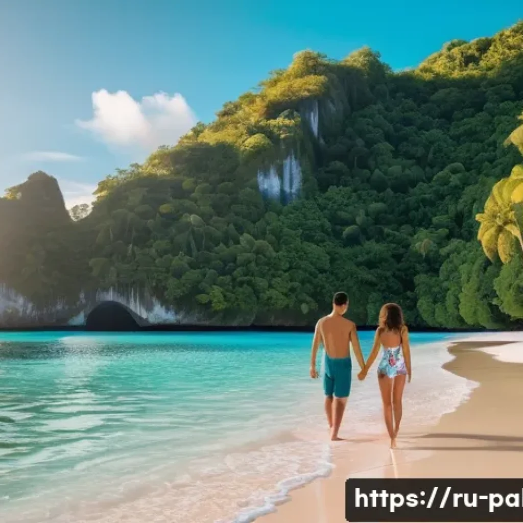 팔라우 신혼여행 추천 리조트 - A serene, secluded beach in Palau at sunset featuring soft white sand and crystal-clear turquoise wa...