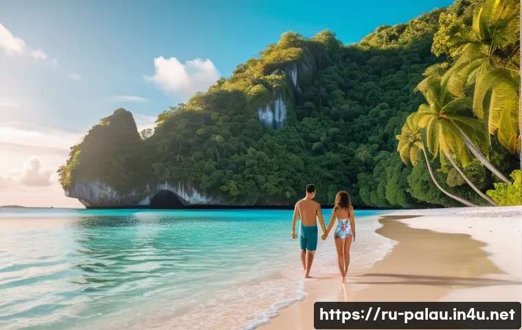 팔라우 신혼여행 추천 리조트 - A serene, secluded beach in Palau at sunset featuring soft white sand and crystal-clear turquoise wa...