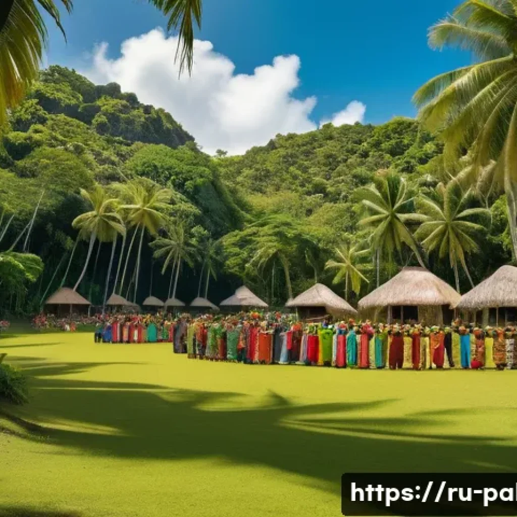 팔라우 금지사항 및 법률 - A serene tropical island scene in Palau featuring local villagers dressed modestly in traditional cl...