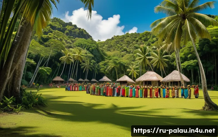 팔라우 금지사항 및 법률 - A serene tropical island scene in Palau featuring local villagers dressed modestly in traditional cl...
