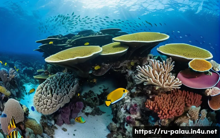 팔라우의 독특한 생태계 - A vibrant underwater coral reef scene in Palau, showcasing a diverse array of healthy coral colonies...