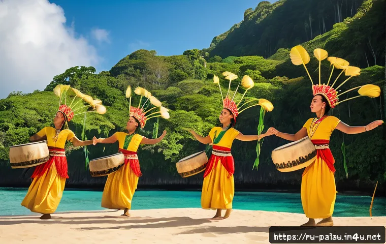 팔라우 전통 춤과 음악 - A vibrant scene of traditional Palauan dancers performing on an open-air stage surrounded by lush tr...