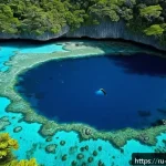 팔라우 유네스코 세계유산 - A breathtaking underwater scene of Palau&rsquo;s Blue Hole, showcasing crystal-clear turquoise water fille...