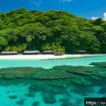 팔라우에서의 기업 투자 기회 - A vibrant eco-tourism scene in Palau featuring a small boutique eco-lodge nestled in lush tropical g...
