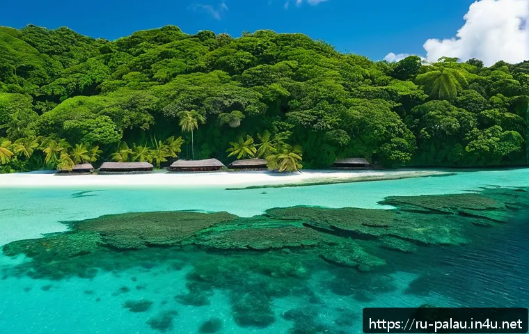 팔라우에서의 기업 투자 기회 - A vibrant eco-tourism scene in Palau featuring a small boutique eco-lodge nestled in lush tropical g...