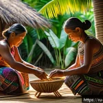 팔라우 원주민 문화 - A detailed scene of Palauan female artisans weaving traditional baskets and mats using natural cocon...
