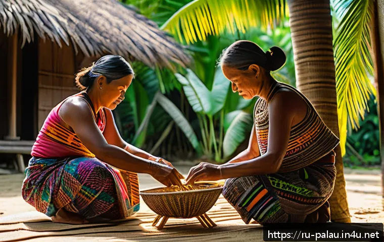 팔라우 원주민 문화 - A detailed scene of Palauan female artisans weaving traditional baskets and mats using natural cocon...