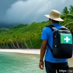 팔라우 여행 중 응급 상황 대처법 - A detailed tropical island emergency preparedness scene set in Palau, showing a traveler wearing lig...