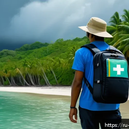 팔라우 여행 중 응급 상황 대처법 - A detailed tropical island emergency preparedness scene set in Palau, showing a traveler wearing lig...