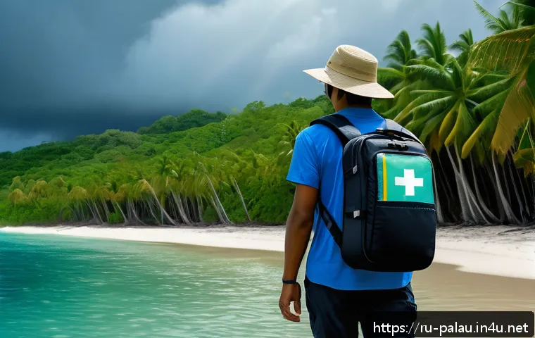 팔라우 여행 중 응급 상황 대처법 - A detailed tropical island emergency preparedness scene set in Palau, showing a traveler wearing lig...