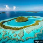 팔라우에서 드론 촬영 가능 여부 - A vibrant aerial view of Palau&rsquo;s coral reefs and turquoise lagoons at sunrise, captured by a drone. ...