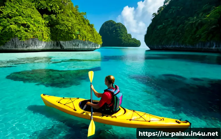Home 17 팔라우에서의 모험 여행 - Photorealistic adventure travel scene in Palau, a Russian-speaking couple in modest tropical hiking ...
